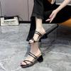 Women Sandals Ladies Square Heels Elegant Summer Slippers Outside Cross Tied Leather Female Slides  Fashion Woman Sandals