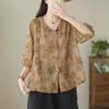 Summer Retro Casual Ramie Cotton and Linen Printed Shirt Loose Slim Short-sleeved Top
