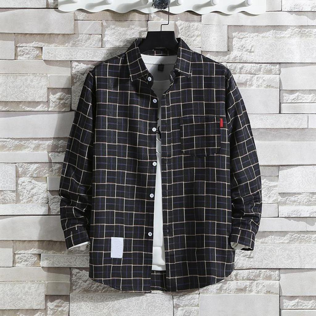 Men's Blouses Lapel Shirt Long Sleeve Plaid T-shirts Loose Shirt With A Coat Button Down Casual Shirts Plus Size Fashion Tops
