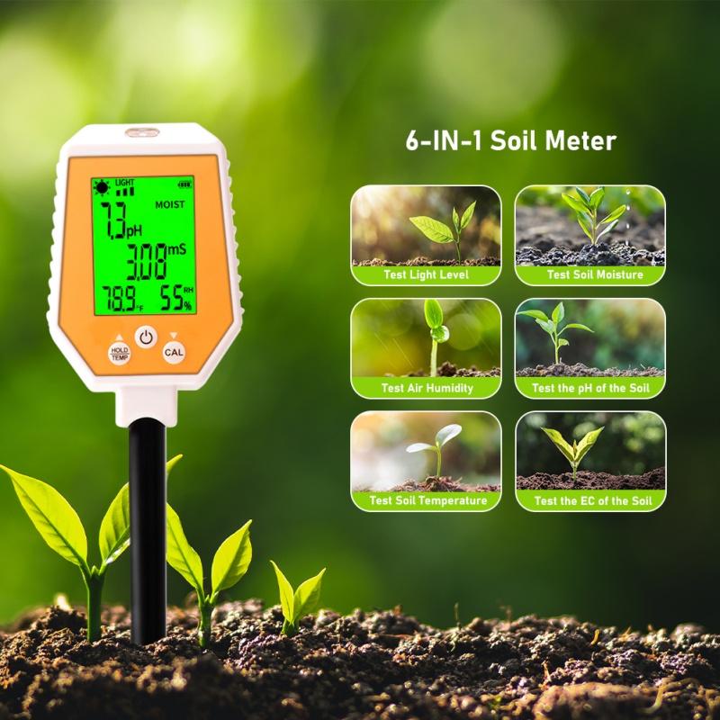 Yieryi 6-in-1 Soil Tester PH EC Moisture Sunlight Air Humidity Temp High Accuracy Conductivity PH Meter for Gardening Farming