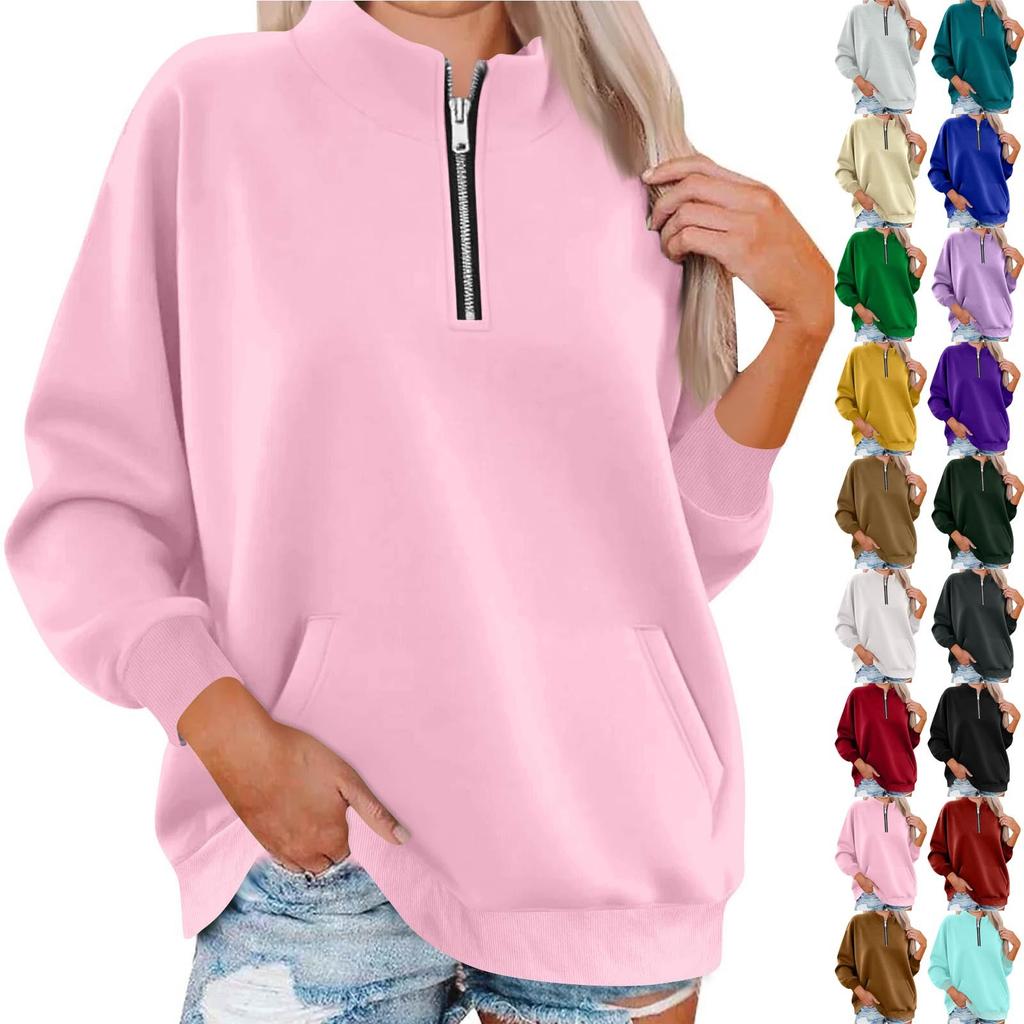 Women's Fashion Long Sleeve Loose Oversize Solid Color Half Zipper Neck Sweater Top With Pockets