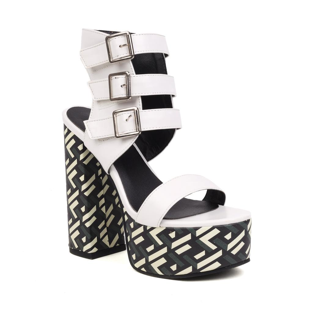 2025 Heel Printing Stage Shoes Ultra High Thick Heel Platform Three Row Belt Buckle Peep Toe Shoes Fashion Party Women's Sandals