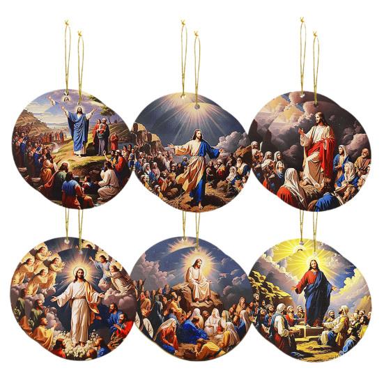 12 Pcs Nativity Scene Ornament Round Wooden Birth of Jesus Christian Keepsake Religious Hanging Pendant for Christmas Home Car Decor