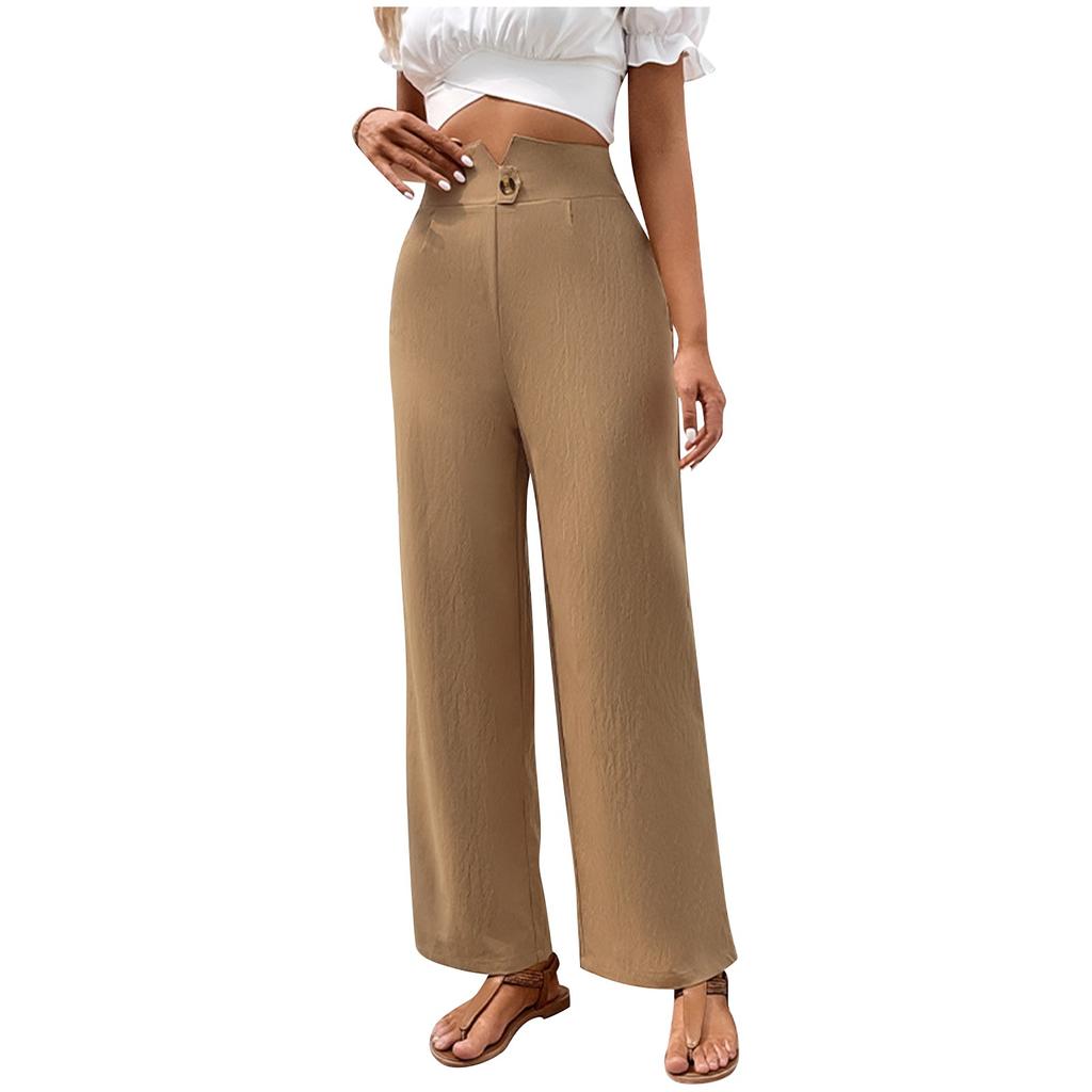 Ladies Casual Fashion Solid Color Casual Pants Button Mid-Rise Trousers