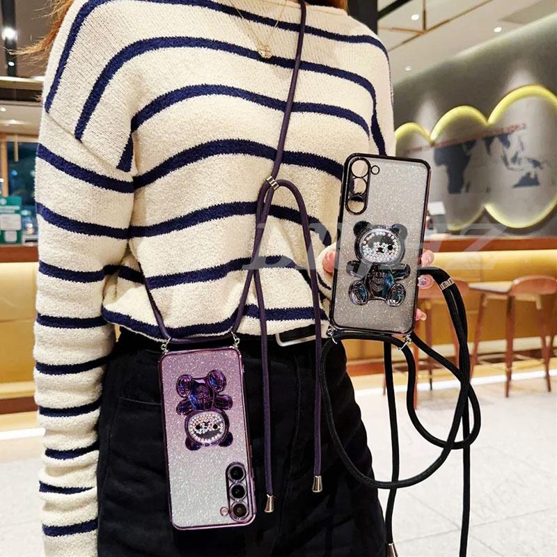 Quicksand Bear Holder Lanyard Glitter Phone Case For Infinix Hot 40 40i 30 30i 20 12 11S 11 10 9 Play NFC Zero 30 Bracket Cover