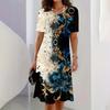 Lady Fashion Long Dresses Crew Neck Casual Loose Elegant 3d Floral Printed Short Sleeve Mid-Length Skirts Summer & Autumn