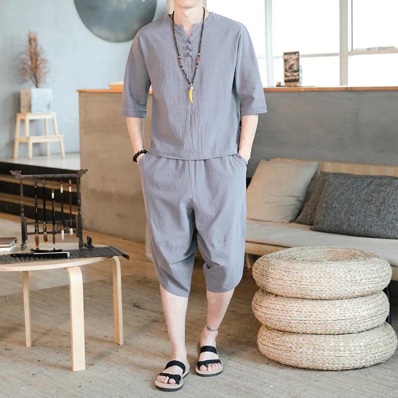 Men's Chinese-Style Cotton Linen Two-Piece Suit - Casual Loose-Fit Harem Pants with Short-Sleeved Top