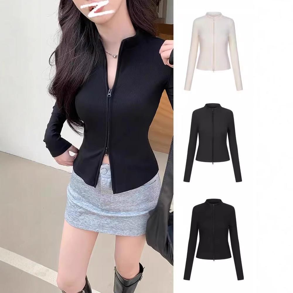 Women's Slimming Double Zipper Knitted Jacket with Stand Collar - Versatile Long Sleeve Cardigan for Spring and Autumn.