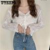 Girl's Hollow Out Solid V-Neck Knitwear Spring Long Sleeve Loose Thin Casual Knitted Tops Drawstring Sunscreen Pullovers