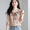 Vintage Flower Print Bow Shirt Women Clothing Summer Three Quarter Sleeve Tops Loose Sweet Blouse