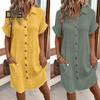 Summer Women Dress Turn-down Collar Single-breasted Loose Short Sleeves Loose Solid Color Patch Pocket Knee Length Commute Leisure Midi Dress
