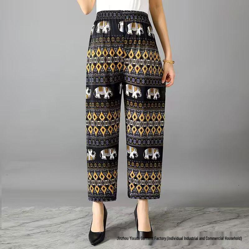 Casual Summer Women's Plus Size Ice Silk Stretch Pants - Loose, High Elastic Waist for Middle-Aged and Elderly