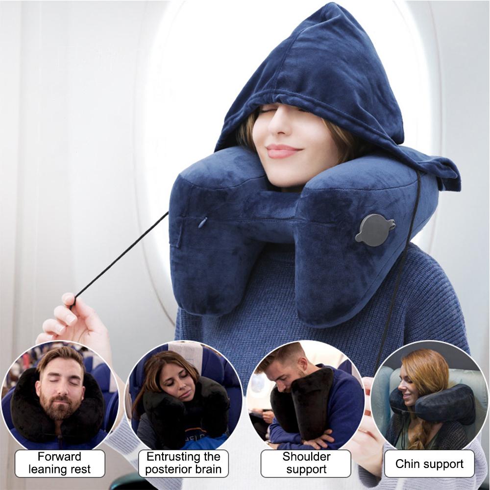 Portable U-Shaped Pillow Travel Supplies Inflatable Neck Pillow With Hood Travel Neck Pillow Car Neck Rest Cushion H-Shaped Inflatable Pillow