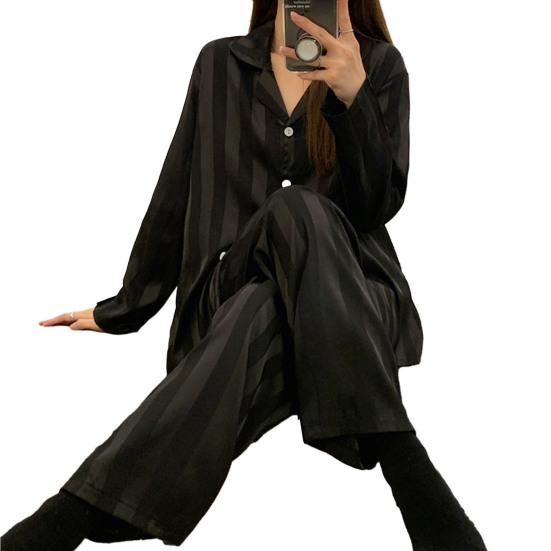 2 Pcs/Set Women Spring Summer Pajama Set Striped Silky Ice Silk Lapel Long Sleeve Loose Single-breasted Wide Leg Homewear Shirt Pants Set Sleepwear