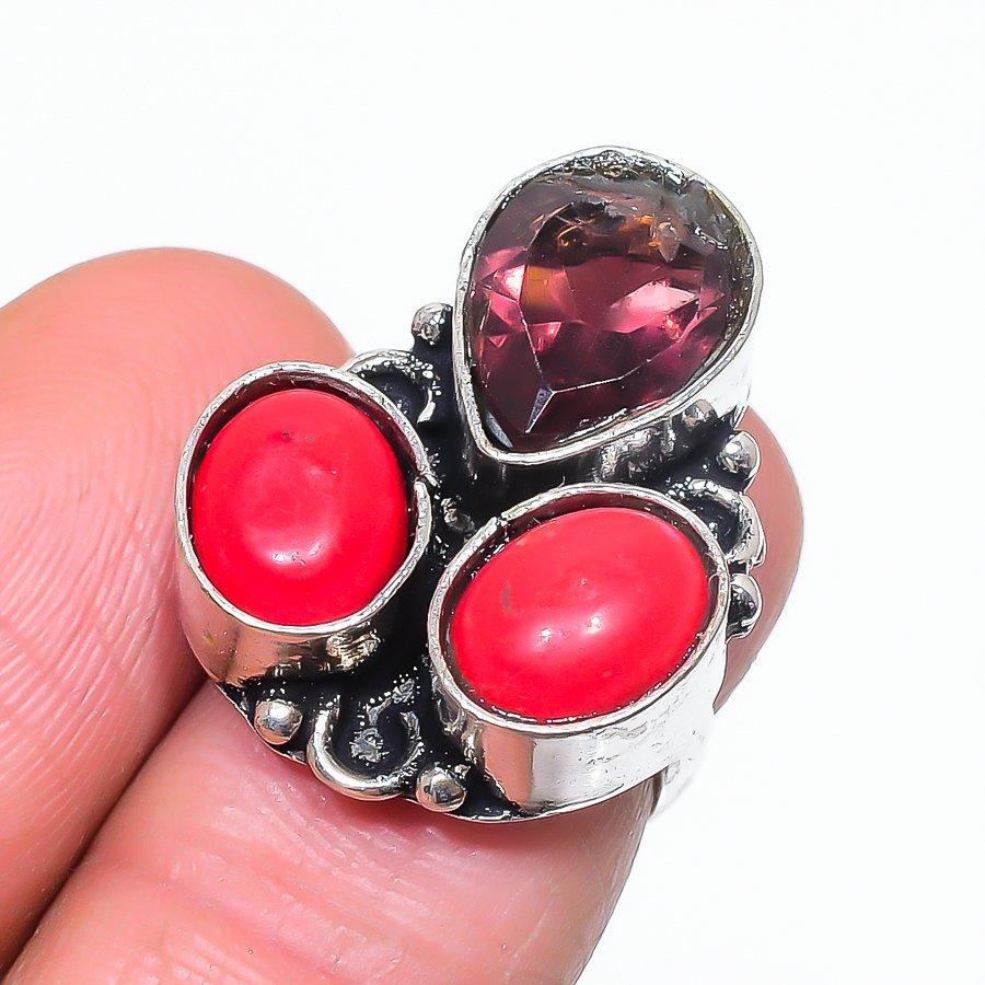 Natural Italian Red Coral, Amethyst 925 Sterling Silver Jewelry Ring Size 5 I4o63
