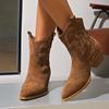 New Fashion Solid Color Comfortable Women's Western Boots Embroidered Thick Heel Slip-On Cowgirl Boots  Zapatos De Mujer