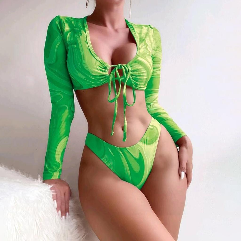 Split Length Sleeved Bikini Swimsuit With Floral Print For Women