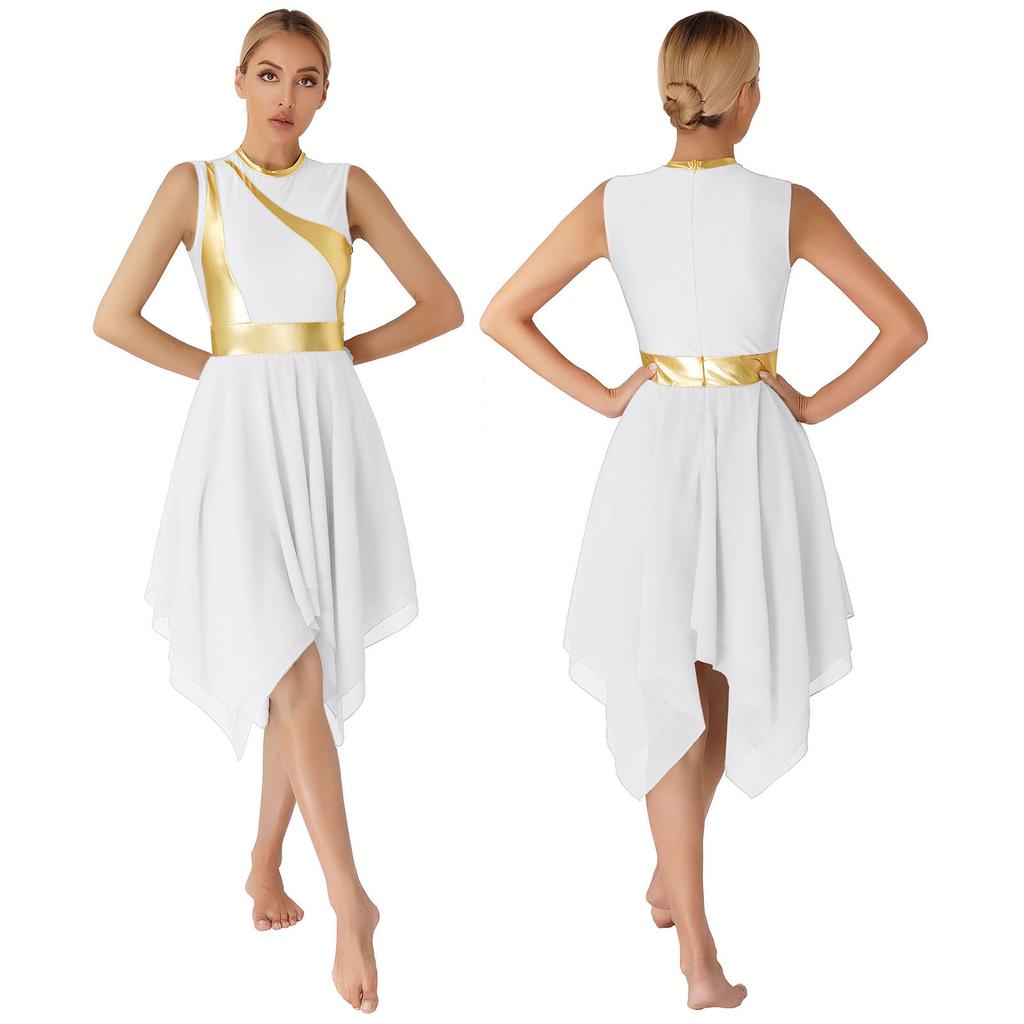 Womens Modern Lyrical Dance Costume Color Block Patchwork Sleeveless Irregular Hem Dress Dancewear