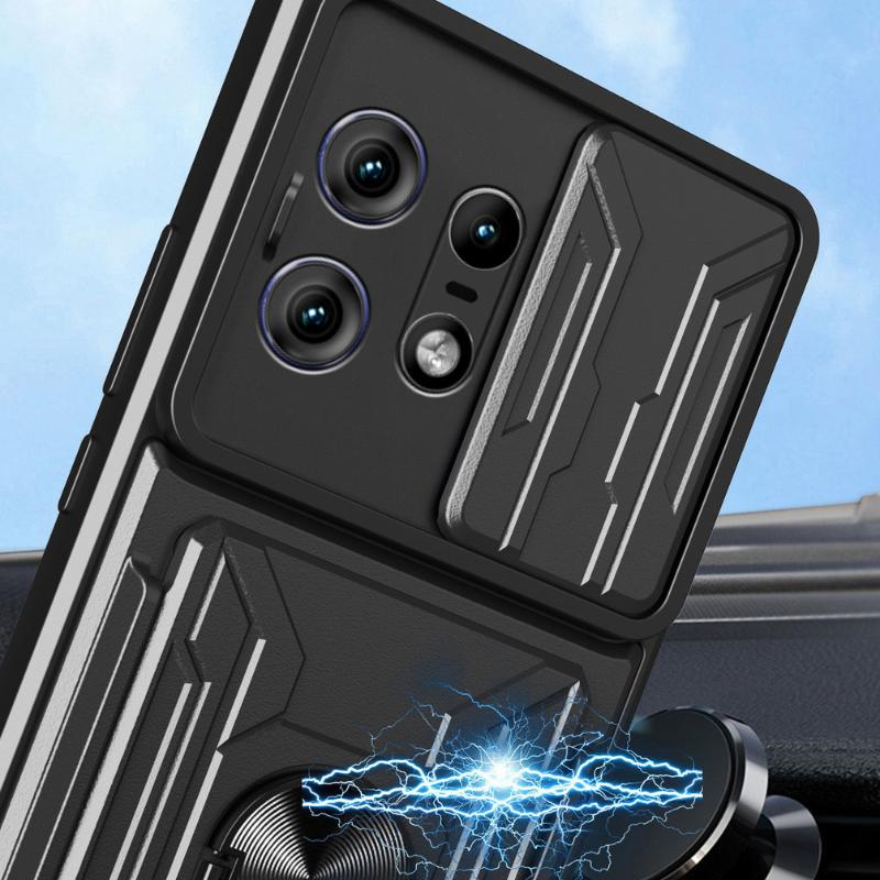 Slide Lens Camera Shockproof Armor Case for Moto Edge 50 Pro 40 Edge40 Pro Ultra Card Slot Wallet Ring Stand Holder Cover for Motorola Edge50 Pro