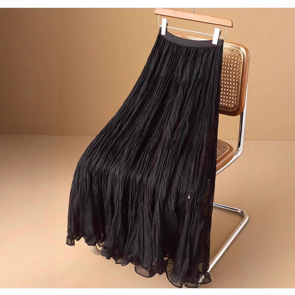 French Gentle Wind Ruffle Leaf Edge Mesh Skirt Women's Summer Long Pleated Thin Lazy Holiday Style A-word Skirt