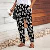 Women 3D Beautiful White Chrysanthemum Print Pants Lace Up Elastic Waist Loose Trousers Casual Long Pants Trousers with Pockets
