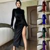 2023 European & American Style Women's High Neck Velvet Long Dress - Autumn/Winter Slim Fit with Ruched Slit