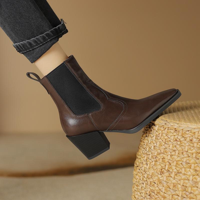 2024 New Autumn Women Boots Pointed Toe Chunky Heel Boots Genuine Leather Shoes for Women Concise Ankle Boots Platform Boots