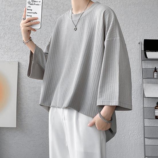 Men's Round Neck T-shirt Three-Quarter Length Sleeves Solid Color T-shirt Casual Style Loose Fit Tee Shirt for Street Travel Vacation