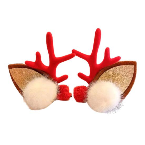 1 Pair Reindeer Antler Hair Clips for Christmas Fluffy Ear Headband with Pom Poms Festive Girls Hair Accessories Gift for Women Kids