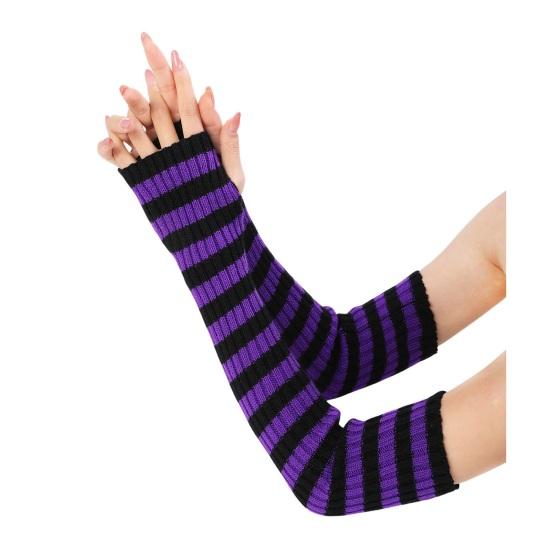 Women Striped Elbow Gloves Winter Knitted Arm Warmers Goth Punk Fingerless Gloves Stretchy Mittens with Thumb Hole for Daily Wear Cosplay
