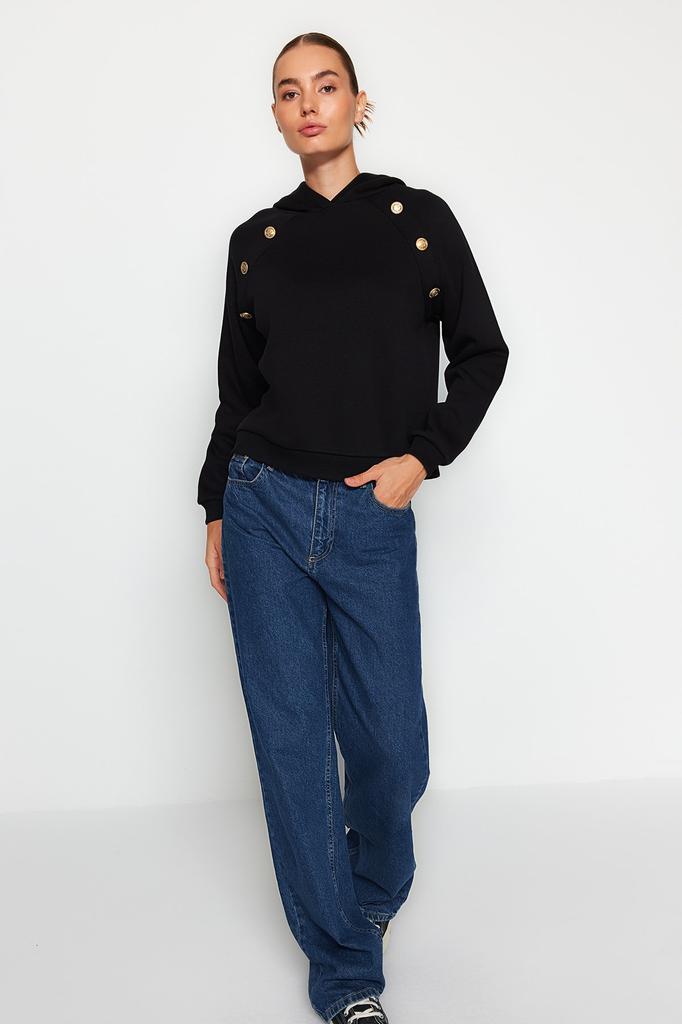 Women's Fashion Sweatshirt Hooded Long Emerald Green Regular Fit Embroidered Hooded Knitted Sweatshirt with Fleece Inside