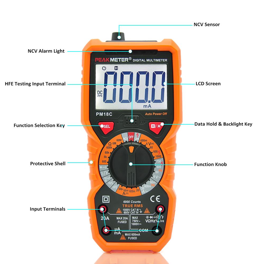 PEAKMETER PM18C True RMS Multifunctional Digital Multimeter Measuring AC DC Voltage Current Resistance Capacitance