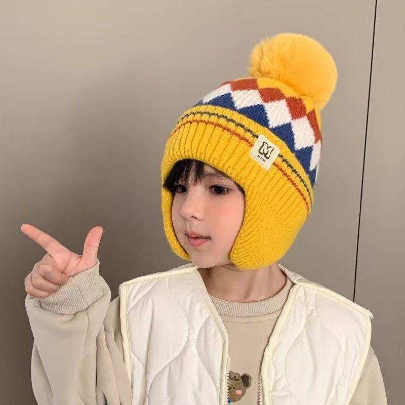 Winter Children's Warm Hats Autumn and Winter Boys and Girls Rhombus Windproof Ear Hats Baby Knitted Thickened Wool Hats
