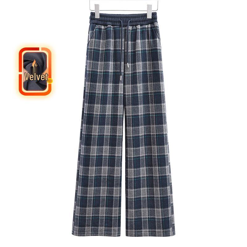 Sibaishe Women's Fleece-Lined Plaid Elastic Waist Drawstring Casual Pants