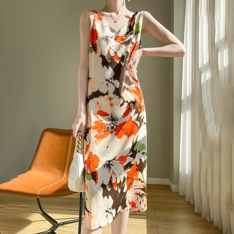 Silk Satin Women's V-neck Print Spaghetti Strap Maxi Dress - Summer 2025 Collection