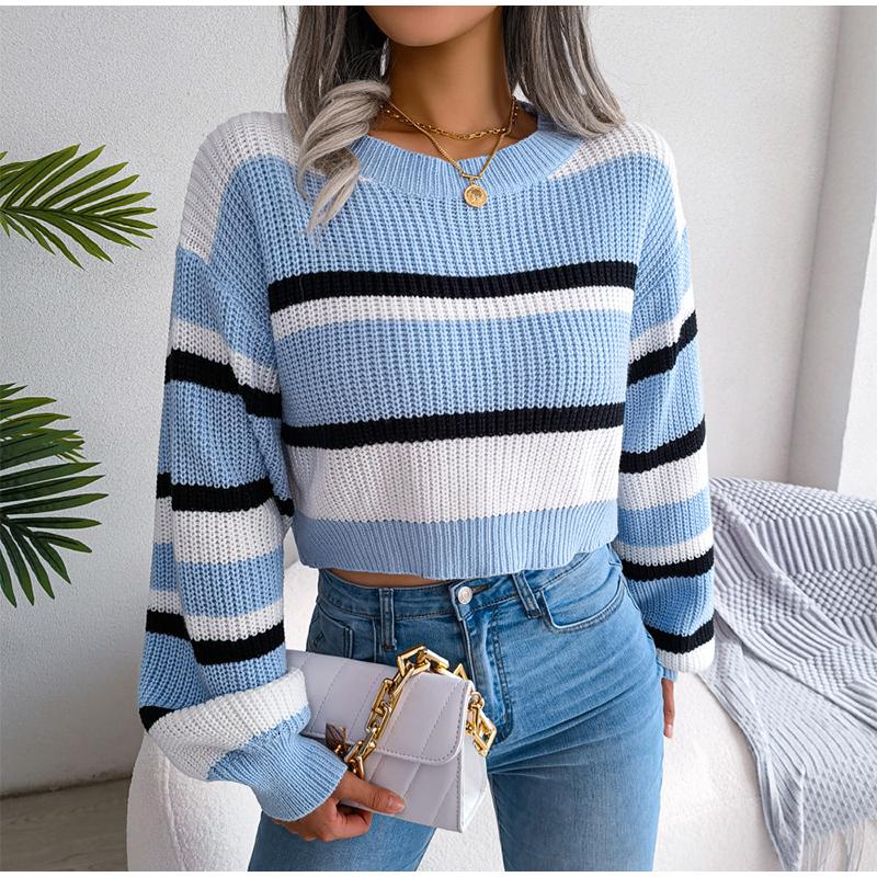 Women Autumn Winter O Neck Long Sleeve Striped Crop Loose Knit Pullover