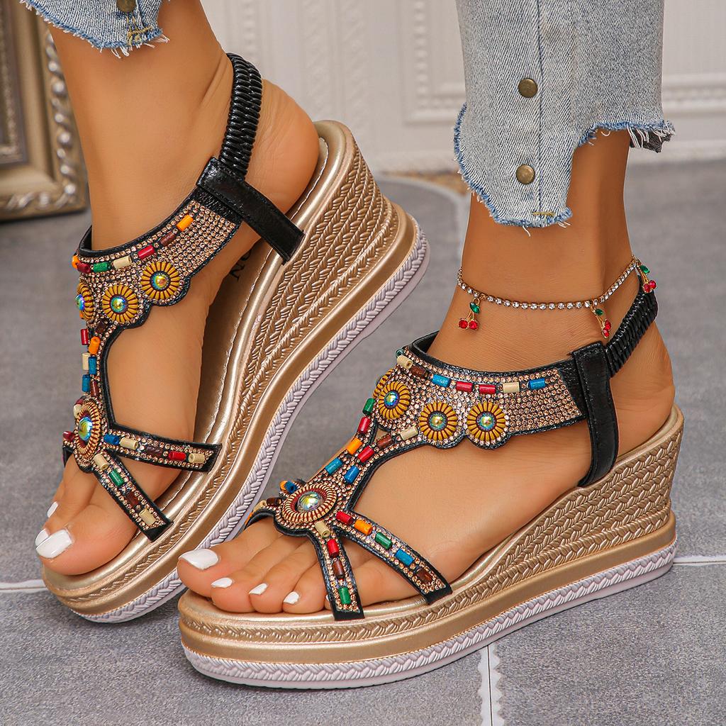 Fashion Women's Colorful Beaded Bohemian Wedge Sandals Thick Sole Non Slip Summer Beach Shoes Woman Retro Flower Chunky Platform Sandals