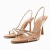 TRAF Womans Black Leather High Heel Sandals Sexy Pointed Toe Slingback Metal Buckle Pumps Sandals Summer Party High Heel Sandals