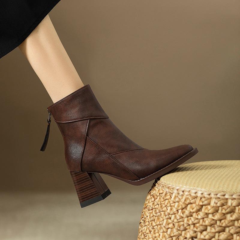 Women's Square Heel Ankle Boots Rear Zipper Retro Brown Soft Leather Short Boot Square Head Casual Sewing High Heel Women Shoes