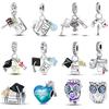 Graduation Series 925 Pure Silver Bachelor's Hat Certificate Flowers Charms Beads Fit Pandora Original Bracelets DIY Jewelry