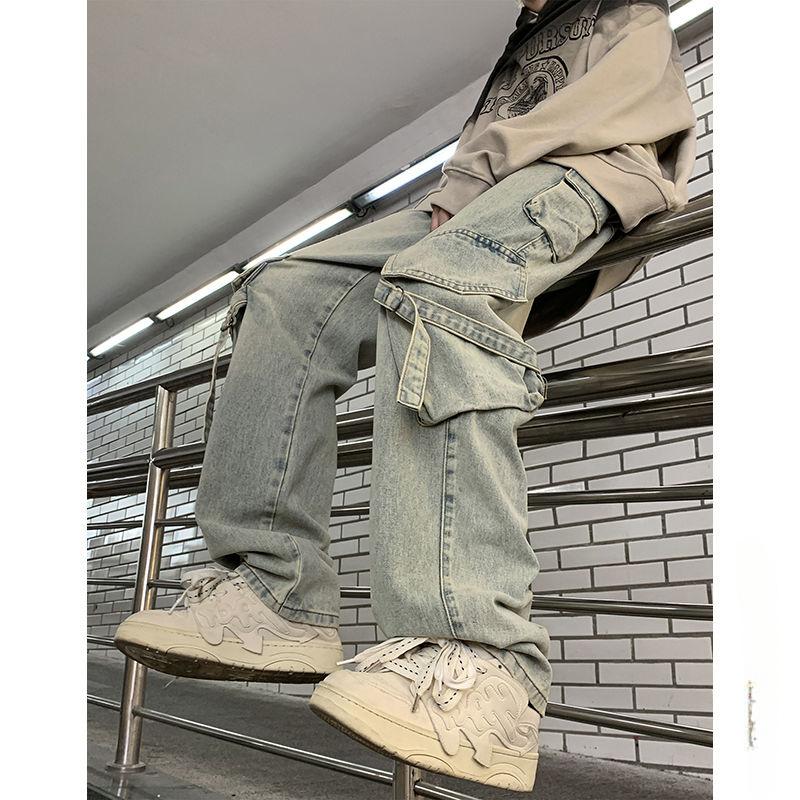 Trendy Fashion Japanese Overalls Jeans Men and Women American Retro High Street Micro-la Washed Wide-leg Straight Pants