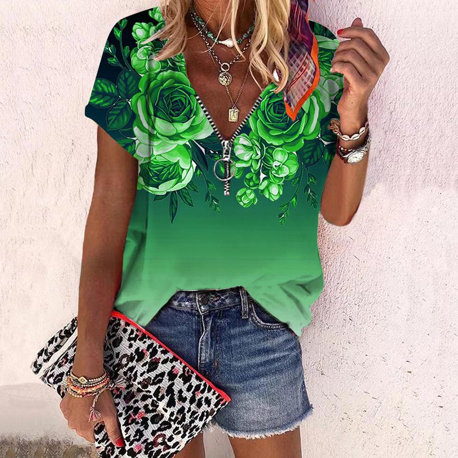 Women's Top Summer New Fashion Rose Flower Beautiful Flower Printed Casual Zipper V-neck Short Sleeve Top