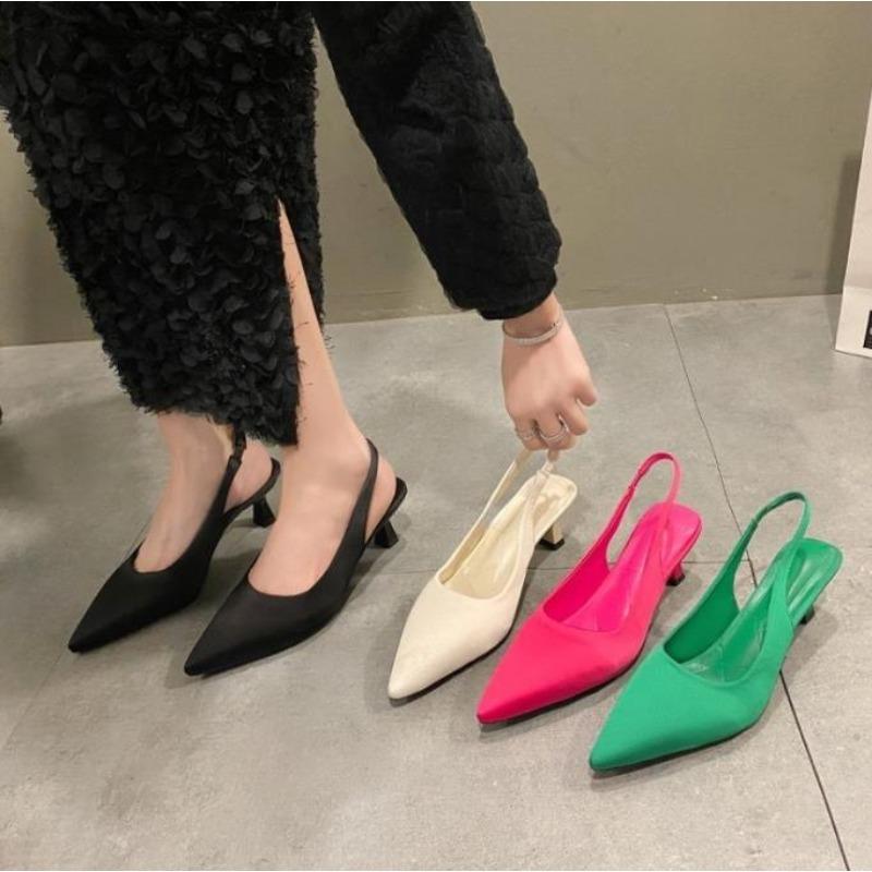 Fashion New Pointy Head Shallow Mouth Half Head Sandal Women's Summer Fine Heels Solid Color Back Strap High Heels