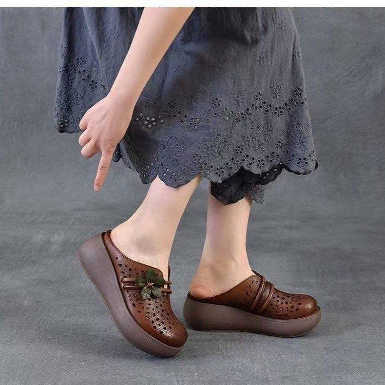 Summer Hollow Retro Soft Leather Half Slippers Women's 2025 Summer New Thick-soled Flower Outer Wear Bag Head Hole Slippers