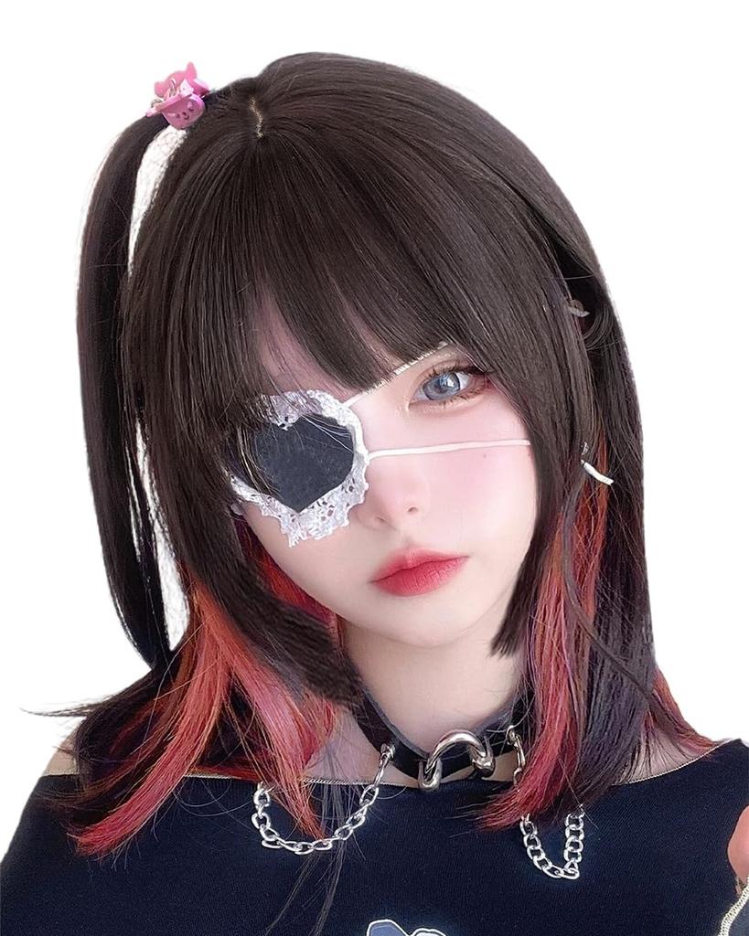 Vigorous Black Full Heat Small Everyday With Wig, Semi-Long, Medium, Hair/Pink, Crossdressing, Wig, Resistant, Natural, Cute, Face, Wig, Net,