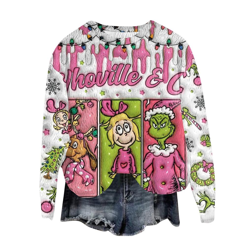 Women's Fashion Round Neck Pullover Top Long Sleeve Tee Christmas Printed Sweatshirt