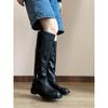 Cowhide Version~ High Tube Temperament Metal Buckle But Knee Knight Boots Women's Black Leather Thick Heel Side Zipper Boots