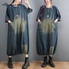 Plus Size Spring Summer Women Denim Midi Dress O Neck Patchwork Oversized Pockets Dress Half Sleeve Vintage Loose Dress