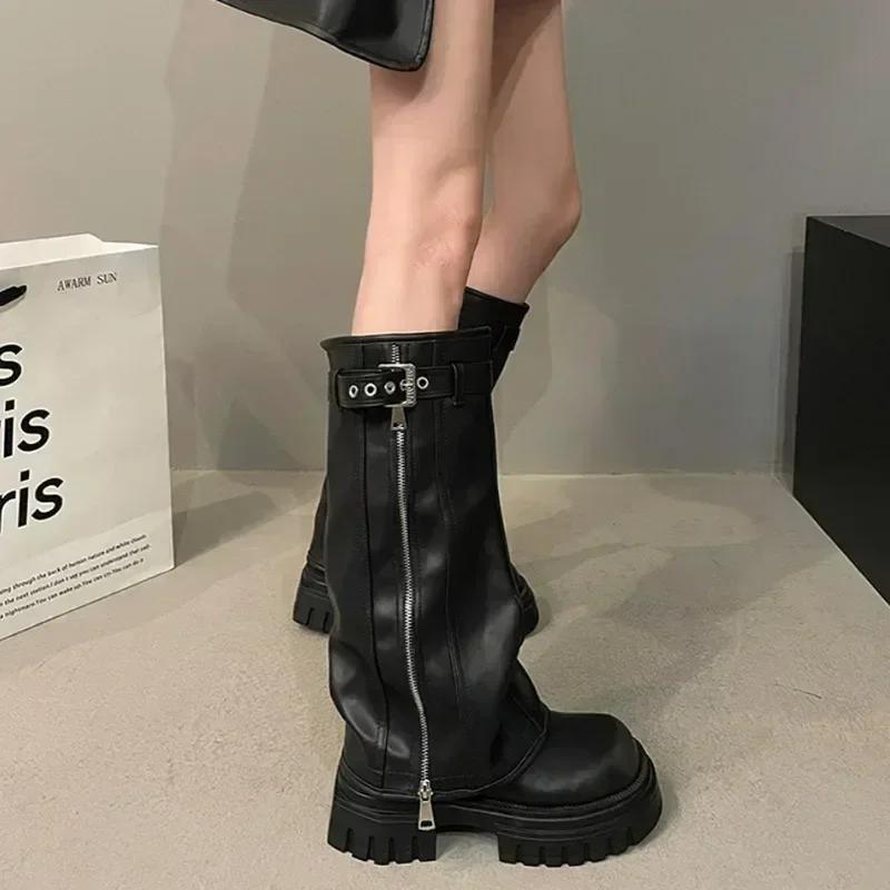 Winter Women Biker Boots Belt Buckle Ladies Elegant Platform Long Pipe Booties Casual Women's Knee High Booties