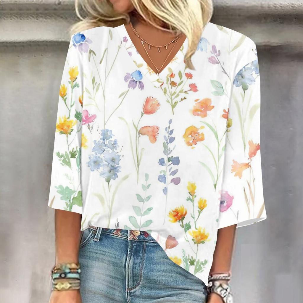 Women's Shirt Blouse Casual Loose Shirts  3/4 Sleeve  Print  V Neck Tops Print  Tops T-shirts Tee